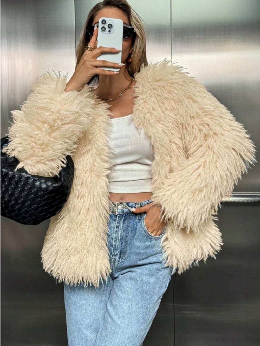 SHEIN Shaggy Teddy Faux Fur Jacket in Cream